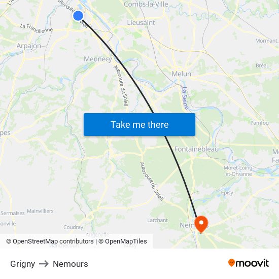 Grigny to Nemours map