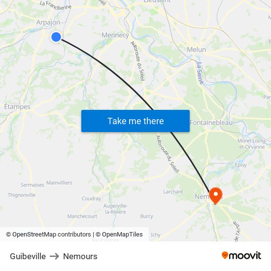 Guibeville to Nemours map