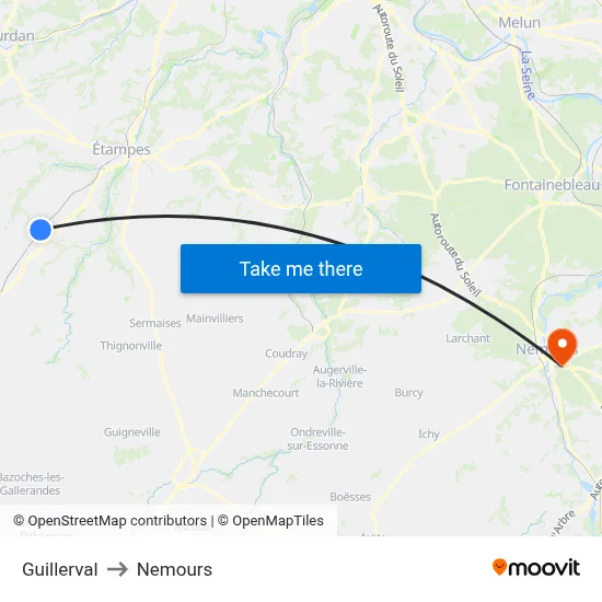 Guillerval to Nemours map