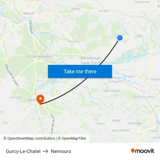 Gurcy-Le-Chatel to Nemours map