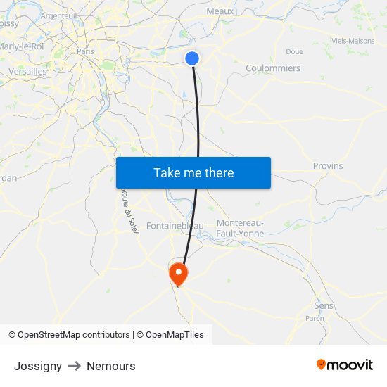 Jossigny to Nemours map