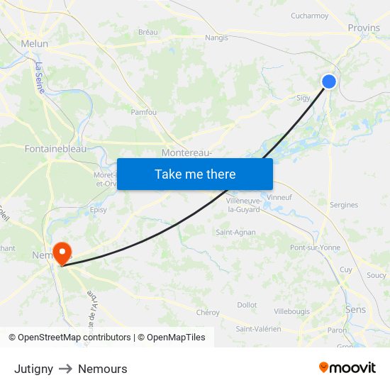 Jutigny to Nemours map