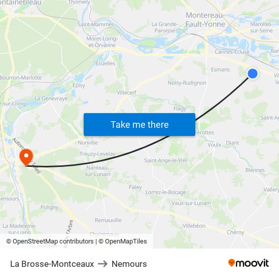 La Brosse-Montceaux to Nemours map