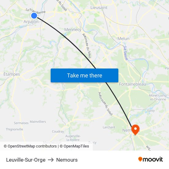 Leuville-Sur-Orge to Nemours map