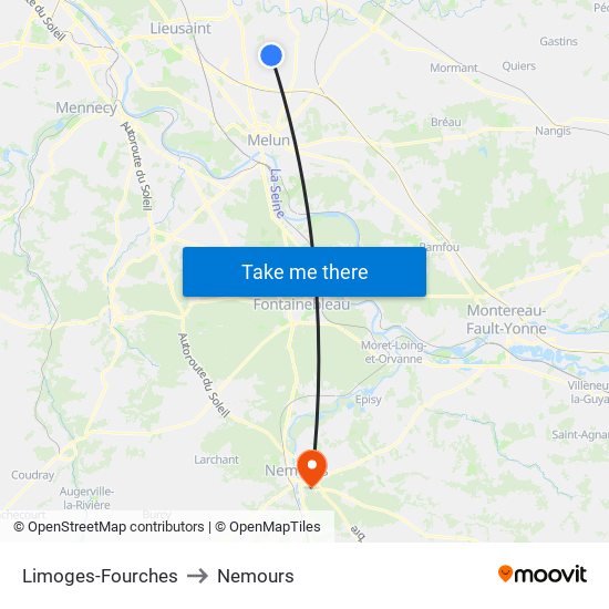 Limoges-Fourches to Nemours map