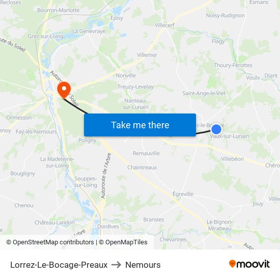 Lorrez-Le-Bocage-Preaux to Nemours map