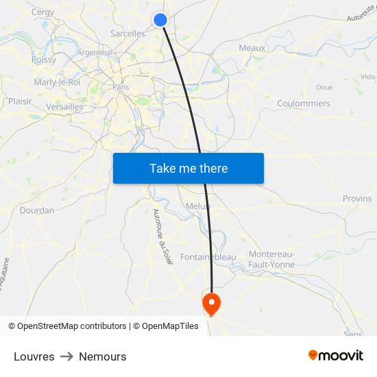 Louvres to Nemours map