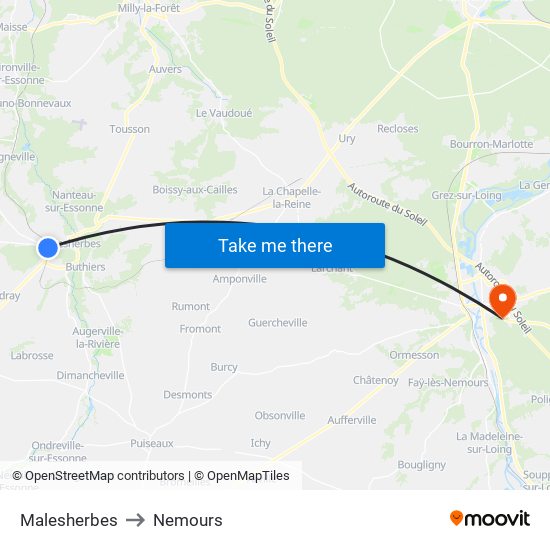 Malesherbes to Nemours map