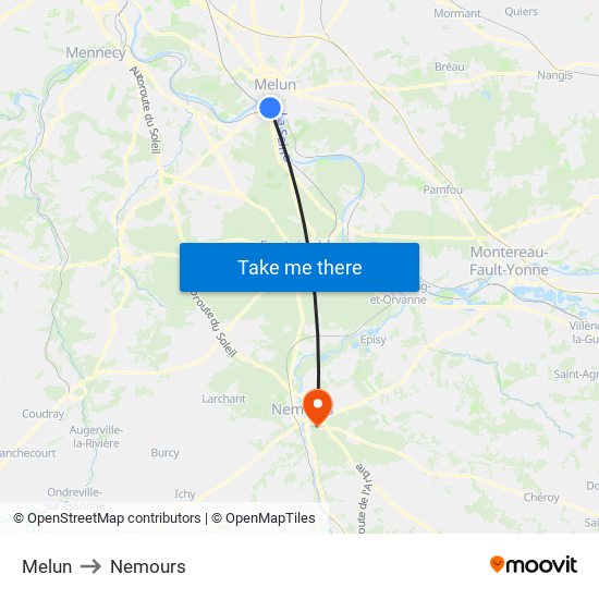Melun to Nemours map