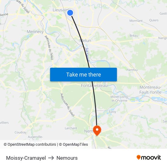 Moissy-Cramayel to Nemours map