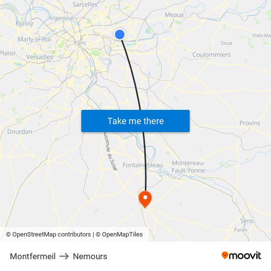 Montfermeil to Nemours map