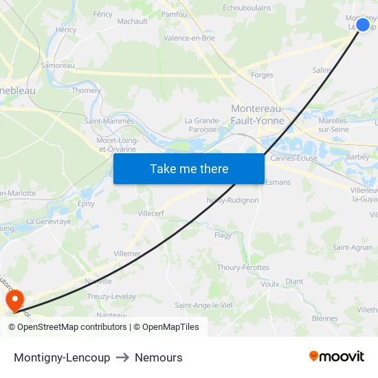Montigny-Lencoup to Nemours map