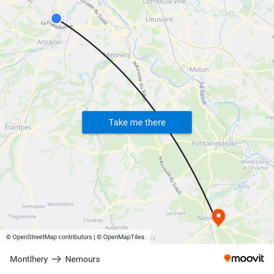 Montlhery to Nemours map