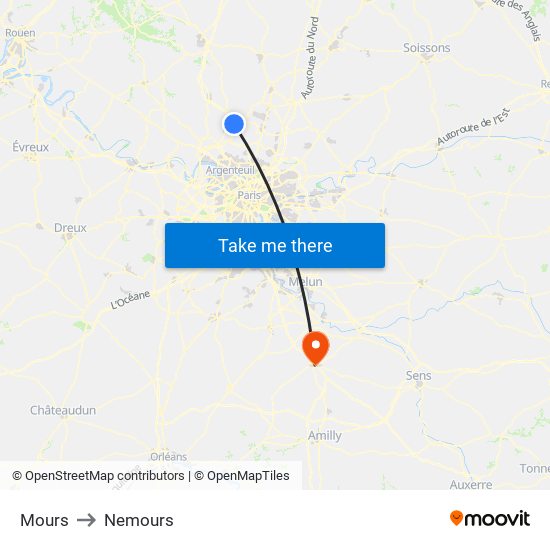 Mours to Nemours map
