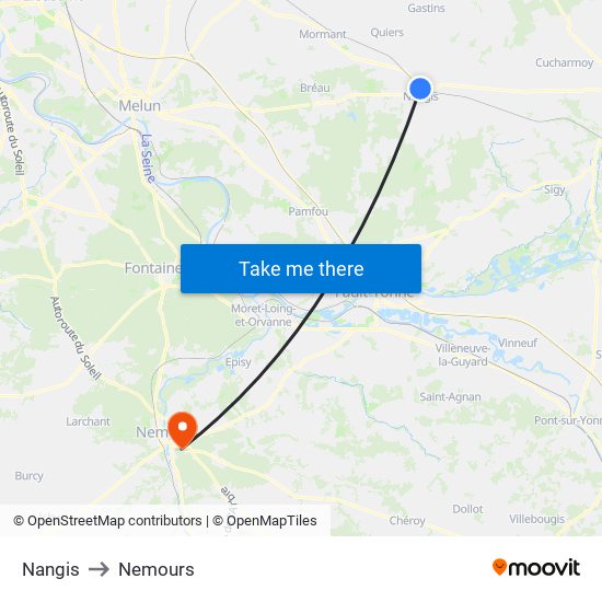 Nangis to Nemours map