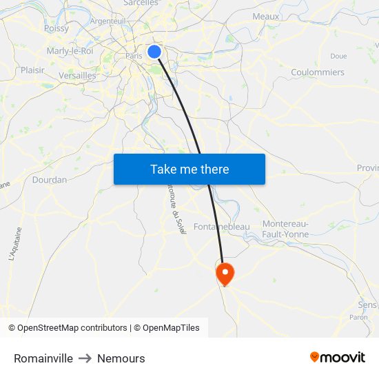 Romainville to Nemours map