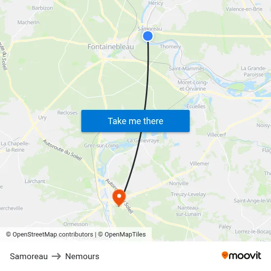 Samoreau to Nemours map