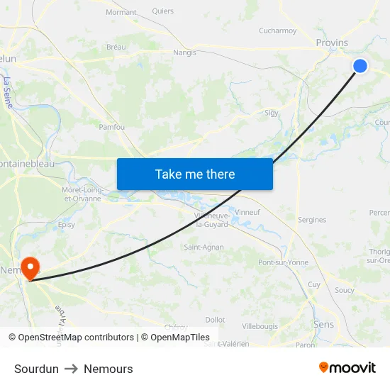 Sourdun to Nemours map