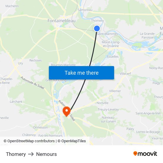 Thomery to Nemours map