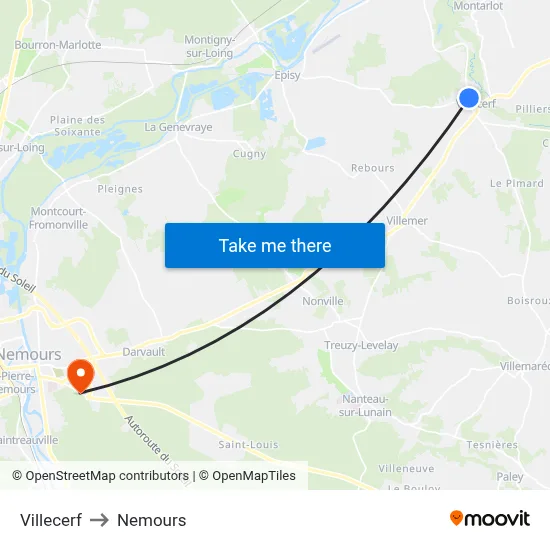 Villecerf to Nemours map