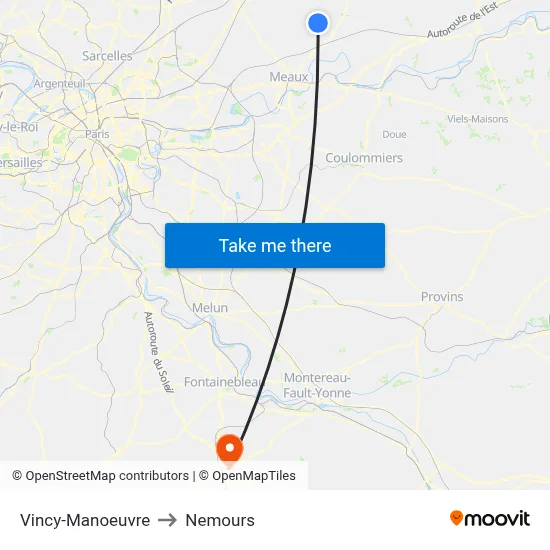 Vincy-Manoeuvre to Nemours map