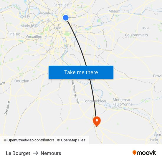Le Bourget to Nemours map