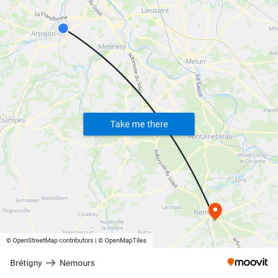 Brétigny to Nemours map