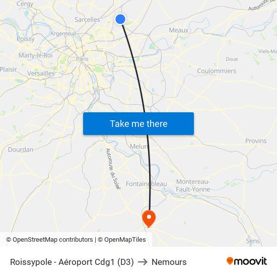 Roissypole - Aéroport Cdg1 (D3) to Nemours map