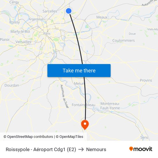 Roissypole - Aéroport Cdg1 (E2) to Nemours map
