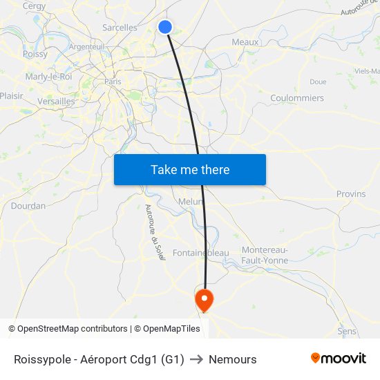 Roissypole - Aéroport Cdg1 (G1) to Nemours map