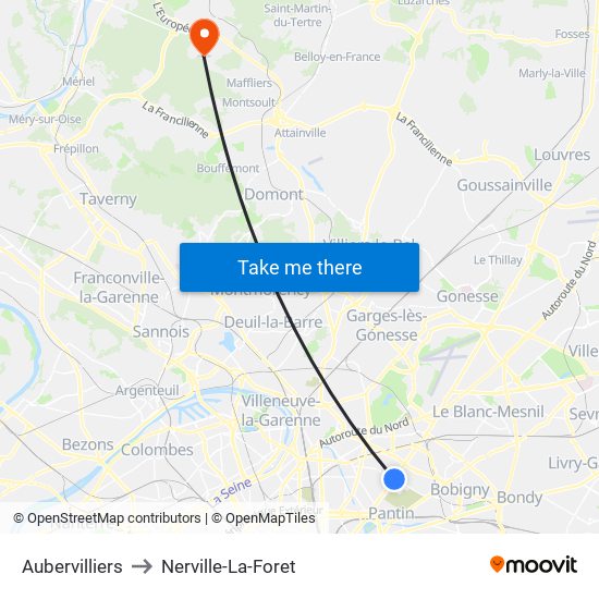 Aubervilliers to Nerville-La-Foret map