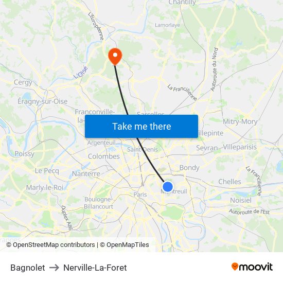 Bagnolet to Nerville-La-Foret map