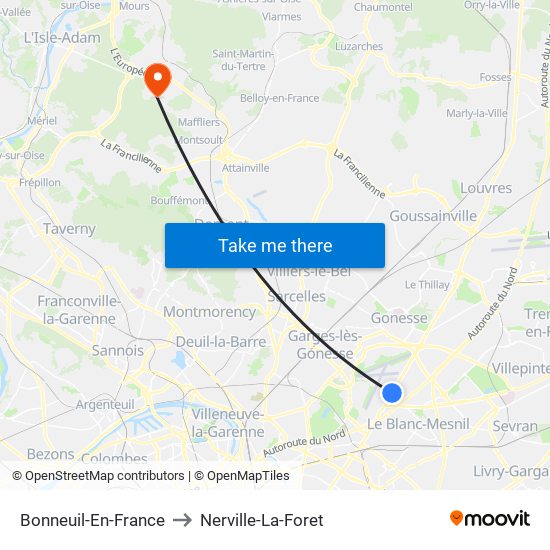 Bonneuil-En-France to Nerville-La-Foret map