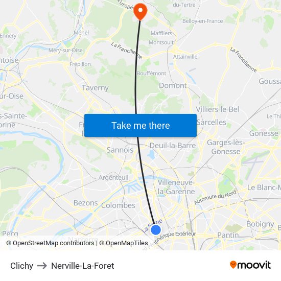 Clichy to Nerville-La-Foret map