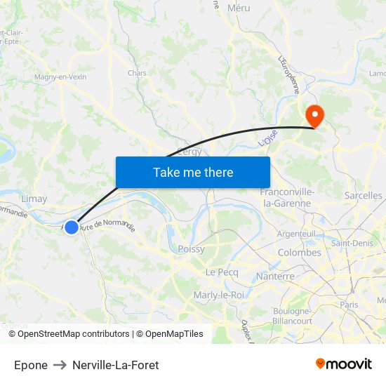 Epone to Nerville-La-Foret map