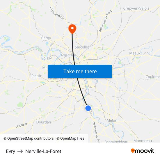 Evry to Nerville-La-Foret map