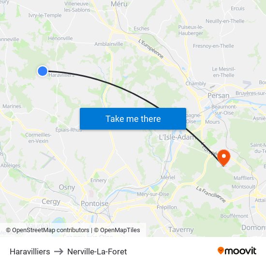 Haravilliers to Nerville-La-Foret map