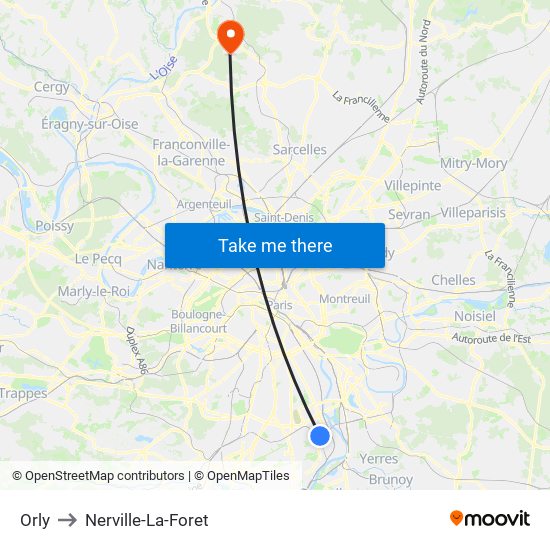 Orly to Nerville-La-Foret map