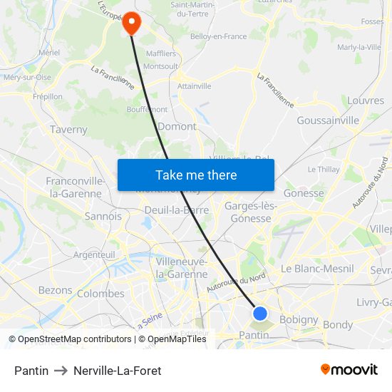 Pantin to Nerville-La-Foret map