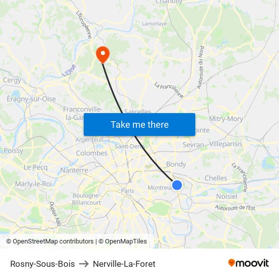 Rosny-Sous-Bois to Nerville-La-Foret map