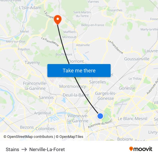 Stains to Nerville-La-Foret map