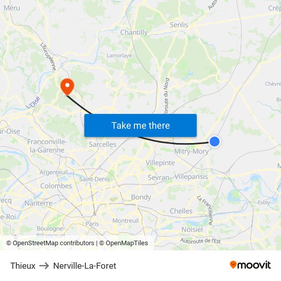 Thieux to Nerville-La-Foret map