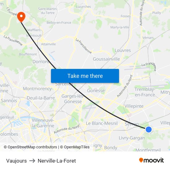 Vaujours to Nerville-La-Foret map