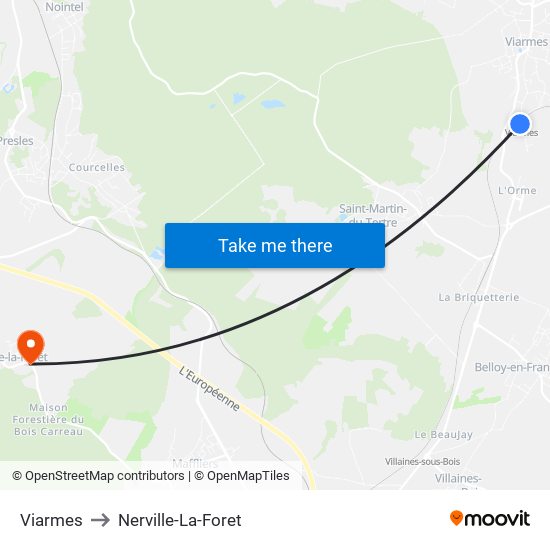 Viarmes to Nerville-La-Foret map