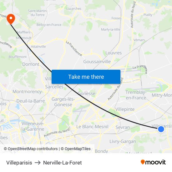 Villeparisis to Nerville-La-Foret map