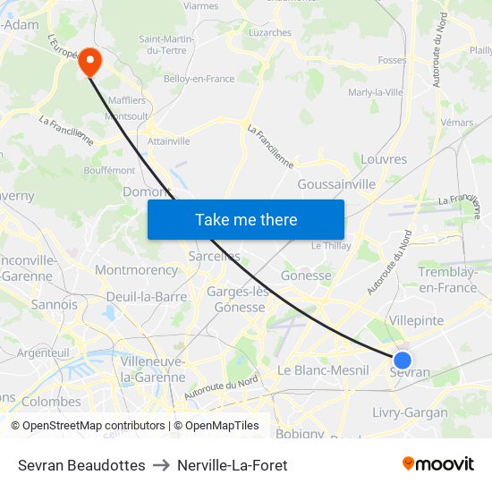 Sevran Beaudottes to Nerville-La-Foret map