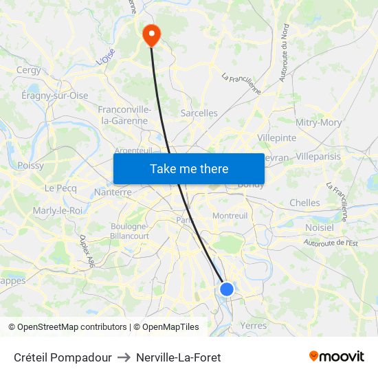 Créteil Pompadour to Nerville-La-Foret map