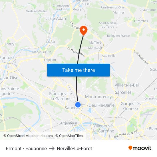Ermont - Eaubonne to Nerville-La-Foret map