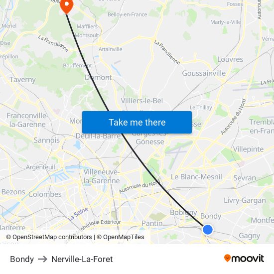 Bondy to Nerville-La-Foret map