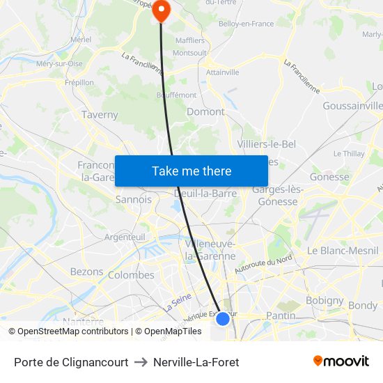 Porte de Clignancourt to Nerville-La-Foret map